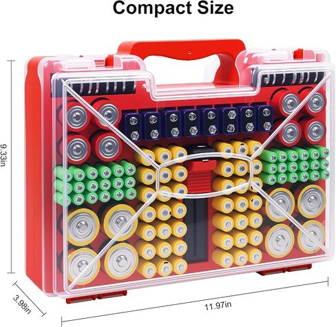 Battery Organizer Storage Case with Tester, Stores 185+ Batteries, Double-Sided with Clear Locking Lid - Red in Saudi Arabia