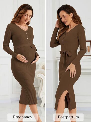 Ecavus Women's Long Sleeve Maternity Sweater Dress for Baby Shower V Neck Slit Maternity Photoshoot Dress with Belt in Saudi Arabia