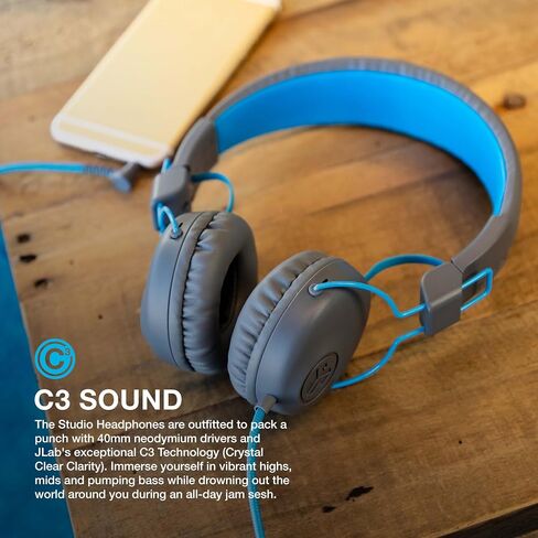 JLab Studio On-Ear Headphones, Wired Headphones, Tangle Free Cord, Ultra-Plush Faux Leather with Cloud Foam Cushions, 40mm Neodymium Drivers with C3 Sound, Black in Saudi Arabia