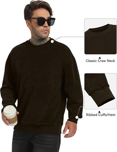 Mens Corduroy Sweatshirt Retro Metal Button Heavyweight Casual Workwear Warm Stylish Pullover S-2XL in Kuwait