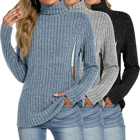 3 Pack Women Turtleneck Nursing Tops, Breastfeeding Maternity Shirts Long Sleeve Ribbed Sweaters with Hidden Zips in Saudi Arabia