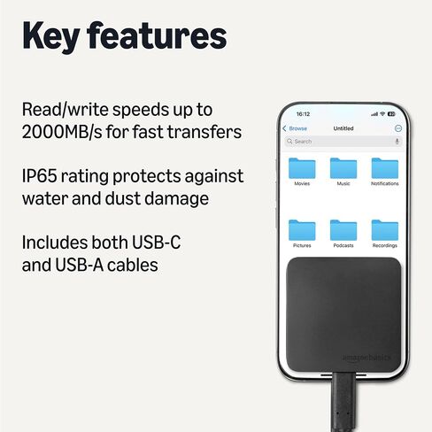 محرك أقراص SSD خارجي محمول من Amazon Basics، محرك أقراص الحالة الصلبة الخارجي 1 تيرابايت، سرعات تصل إلى 2000 ميجابايت/ثانية، USB 3.2 الجيل الثاني، IP65 مقاوم للماء والغبار، أسود in Kuwait