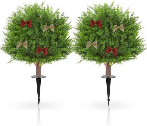Set of 2 Artificial Lavender Boxwood Topiary Ball Trees with Ground Spike, 26 Inches UV Resistant Fake Evergreen Plant Bushes Shrubs, for Indoor Outdoor Front Porch Garden (Boxwood) in Saudi Arabia