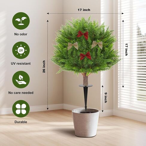 Set of 2 Artificial Lavender Boxwood Topiary Ball Trees with Ground Spike, 26 Inches UV Resistant Fake Evergreen Plant Bushes Shrubs, for Indoor Outdoor Front Porch Garden (Boxwood) in Saudi Arabia
