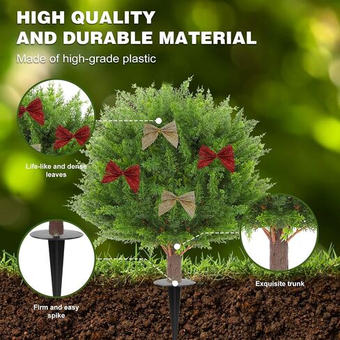 Set of 2 Artificial Lavender Boxwood Topiary Ball Trees with Ground Spike, 26 Inches UV Resistant Fake Evergreen Plant Bushes Shrubs, for Indoor Outdoor Front Porch Garden (Boxwood) in Saudi Arabia