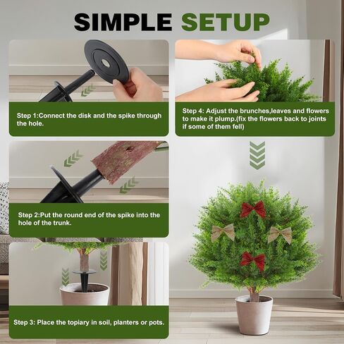 Set of 2 Artificial Lavender Boxwood Topiary Ball Trees with Ground Spike, 26 Inches UV Resistant Fake Evergreen Plant Bushes Shrubs, for Indoor Outdoor Front Porch Garden (Boxwood) in Saudi Arabia