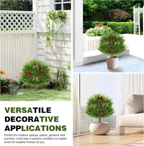 Set of 2 Artificial Lavender Boxwood Topiary Ball Trees with Ground Spike, 26 Inches UV Resistant Fake Evergreen Plant Bushes Shrubs, for Indoor Outdoor Front Porch Garden (Boxwood) in Saudi Arabia