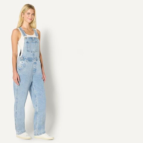 Amazon Essentials Women's Medium Stretch Denim Relaxed-Fit Straight Leg Overalls in Saudi Arabia
