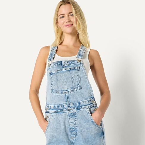 Amazon Essentials Women's Medium Stretch Denim Relaxed-Fit Straight Leg Overalls in Saudi Arabia