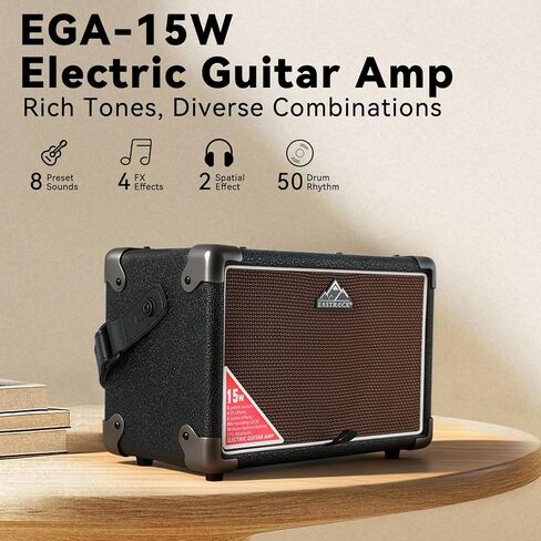 EASTROCK 15W Electric Guitar Amp, EGA-15W Portable Guitar Amplifier with Bluetooth, Built-in Looper & Drum Machine Speaker, AUX/OTG/Headphone, 8 Voices, FX Effects-Wood in Saudi Arabia