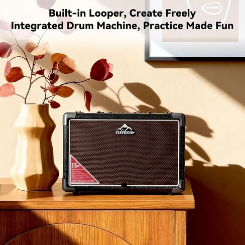 EASTROCK 15W Electric Guitar Amp, EGA-15W Portable Guitar Amplifier with Bluetooth, Built-in Looper & Drum Machine Speaker, AUX/OTG/Headphone, 8 Voices, FX Effects-Wood in Saudi Arabia