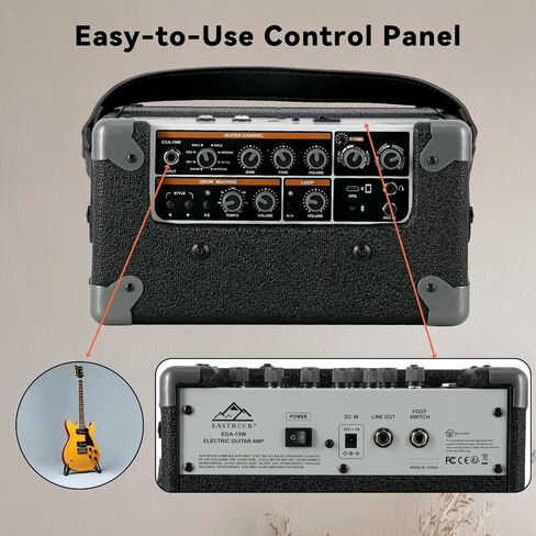 EASTROCK 15W Electric Guitar Amp, EGA-15W Portable Guitar Amplifier with Bluetooth, Built-in Looper & Drum Machine Speaker, AUX/OTG/Headphone, 8 Voices, FX Effects-Wood in Saudi Arabia