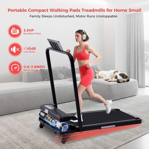 Portable Treadmill with Handles, 350LBS Compact Small Treadmills for Home Small Spaces, 0.6-7.6MPH Walking Pad Treadmill with Handle Bar & Adjustable Incline, 3.5HP Electric Under The Desk Treadmills in Kuwait