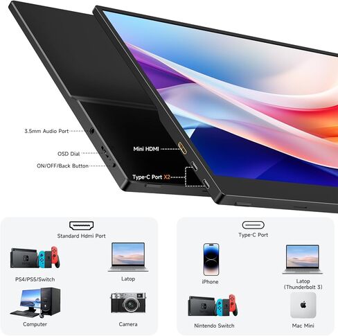 شاشة memzuoix المحمولة مقاس 15.6 بوصة FHD 1080P USB C HDMI، شاشة كمبيوتر IPS HDR للألعاب مع غطاء ذكي، التوصيل والتشغيل، مكبرات صوت مزدوجة شاشة خارجية لأجهزة الكمبيوتر المحمول PC MAC Phone Xbox Switch PS4 Table in Kuwait