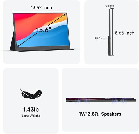 شاشة memzuoix المحمولة مقاس 15.6 بوصة FHD 1080P USB C HDMI، شاشة كمبيوتر IPS HDR للألعاب مع غطاء ذكي، التوصيل والتشغيل، مكبرات صوت مزدوجة شاشة خارجية لأجهزة الكمبيوتر المحمول PC MAC Phone Xbox Switch PS4 Table in Kuwait