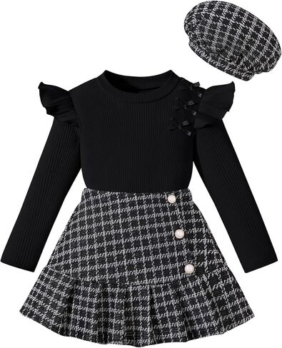Toddler Girl Outfits Ruffled Long Sleeve Top Plaid Tweed Skirt and Beret Set Fall Winter Girls Clothes Size 3-8 in Saudi Arabia