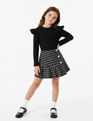 Toddler Girl Outfits Ruffled Long Sleeve Top Plaid Tweed Skirt and Beret Set Fall Winter Girls Clothes Size 3-8 in Saudi Arabia