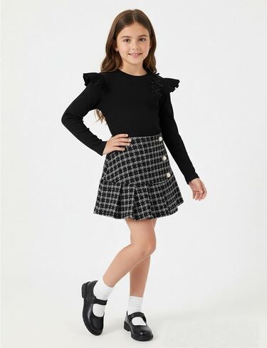 Toddler Girl Outfits Ruffled Long Sleeve Top Plaid Tweed Skirt and Beret Set Fall Winter Girls Clothes Size 3-8 in Saudi Arabia