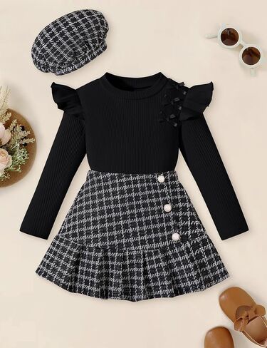 Toddler Girl Outfits Ruffled Long Sleeve Top Plaid Tweed Skirt and Beret Set Fall Winter Girls Clothes Size 3-8 in Saudi Arabia