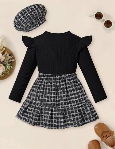 Toddler Girl Outfits Ruffled Long Sleeve Top Plaid Tweed Skirt and Beret Set Fall Winter Girls Clothes Size 3-8 in Saudi Arabia