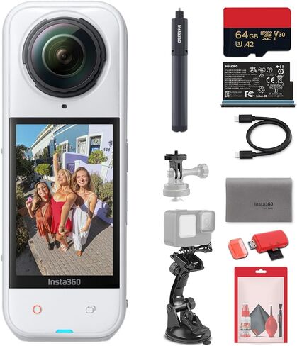 Insta360 X5 8K 360 Waterproof Action Camera (White) | 1/1.28" Sensors, Replaceable Lenses, PureVideo AI, 185-Min Battery Life (CINSAAHA_X532) + Invisible Selfie Stick + 50-in-1 Accessory Kit + More in Saudi Arabia