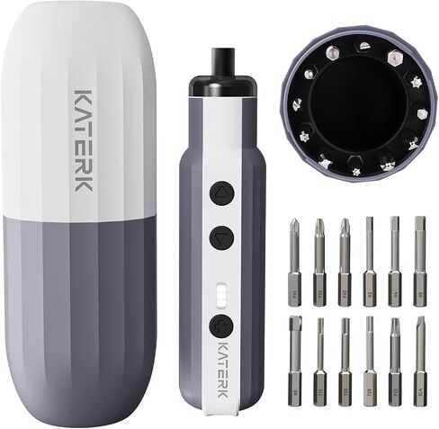Katerk Electric Screwdriver Cordless - 4V Capsule Screwdriver with 12 Steel Bits & Magnetic Storage, 3 Torque Settings, 1500mAh & LED Light- Portable Repair Tool Kit for Furniture Assembly DIY (White) in Saudi Arabia