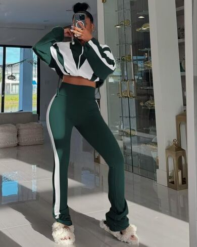 REMELON WOMENS 2 قطعة من التعرقات اللون كتلة طويلة الأكمام السوستة الزرقاء سراويل سروال LEGGING in Kuwait