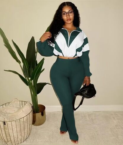 REMELON WOMENS 2 قطعة من التعرقات اللون كتلة طويلة الأكمام السوستة الزرقاء سراويل سروال LEGGING in Kuwait