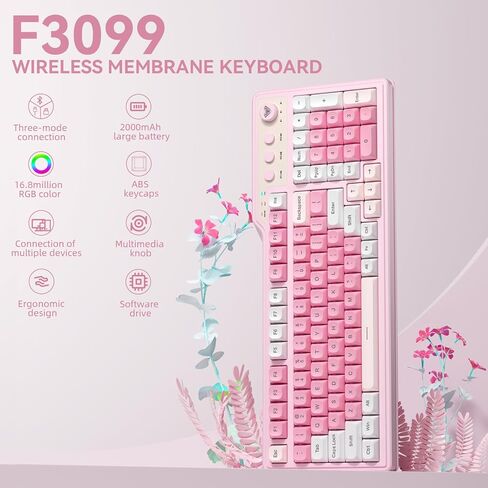 Aula F3099 لوحة مفاتيح لاسلكية مع مقبض وسائط، ثلاثي الوضع BT5.0/2.4 جيجا هرتز/USB-C لوحة مفاتيح كريمية لطيفة مع لوحة أرقام، لوحة مفاتيح ألعاب بإضاءة خلفية RGB، لوحات مفاتيح كمبيوتر وردية هادئة للطباعة للكمبيوتر المحمول/الكمبيوتر الشخصي في المكتب in Kuwait