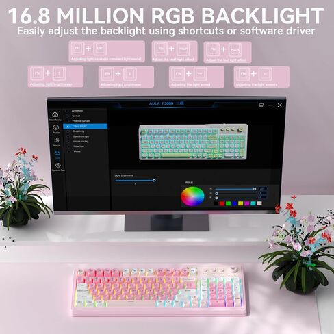 Aula F3099 لوحة مفاتيح لاسلكية مع مقبض وسائط، ثلاثي الوضع BT5.0/2.4 جيجا هرتز/USB-C لوحة مفاتيح كريمية لطيفة مع لوحة أرقام، لوحة مفاتيح ألعاب بإضاءة خلفية RGB، لوحات مفاتيح كمبيوتر وردية هادئة للطباعة للكمبيوتر المحمول/الكمبيوتر الشخصي في المكتب in Kuwait
