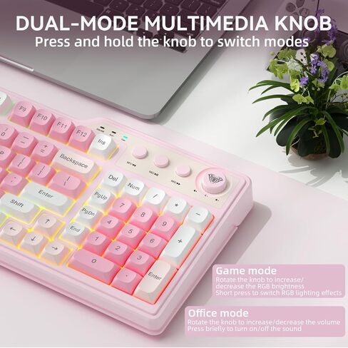 Aula F3099 لوحة مفاتيح لاسلكية مع مقبض وسائط، ثلاثي الوضع BT5.0/2.4 جيجا هرتز/USB-C لوحة مفاتيح كريمية لطيفة مع لوحة أرقام، لوحة مفاتيح ألعاب بإضاءة خلفية RGB، لوحات مفاتيح كمبيوتر وردية هادئة للطباعة للكمبيوتر المحمول/الكمبيوتر الشخصي في المكتب in Kuwait