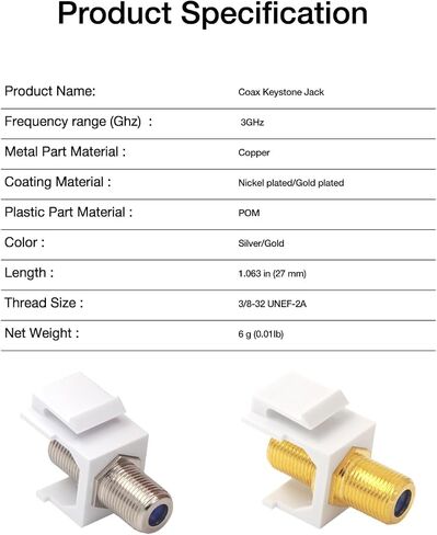 VCE Coax Keystone Jack Insert 5-Pack, Gold-Plated 3GHz Coaxial Cable Connector, F-Type RG6 Cable Extender Female to Female for Wall Plate and Patch Panel in Saudi Arabia