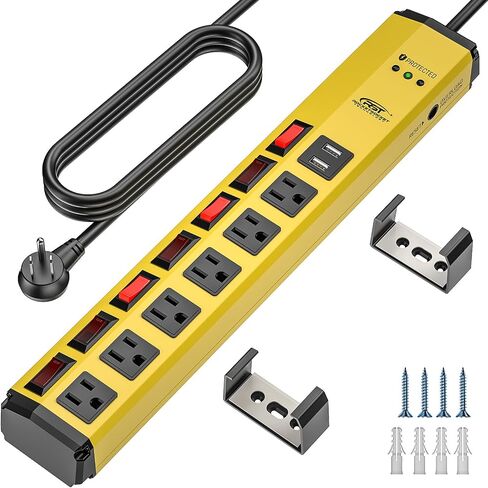 قطاع طاقة عالي التحمل من CRST مع مفاتيح فردية - 6 منافذ ومنفذين USB، قاطع دائرة حماية من التيار المعدني 15 أمبير/1875 وات، 1200 جول، شريط طاقة قابل للتركيب بطول 6 أقدام للجراج وورش العمل والمنزل in Kuwait