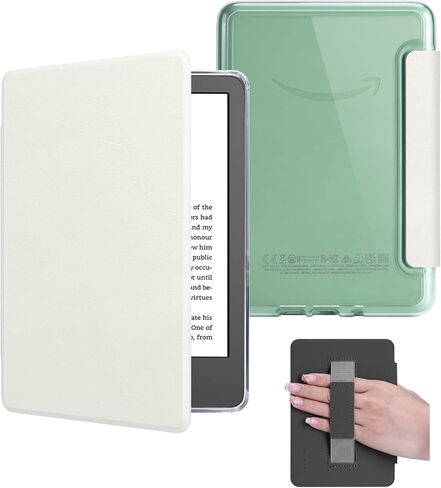 Case with Hand Strap for 6.8" Kindle Paperwhite 11th Generation 2021 and Kindle Paperwhite Signature Edition, PU Leather Cover, Transparent Hard Back Shell with Auto Sleep/Wake, Creamy White in Kuwait