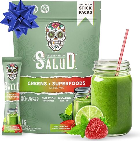 Salud 2-in-1 Greens Powder + Superfood Drink Mix Packets, 20+ Fruits and Veggies, Probiotics, Prebiotics, Supports Digestive Health, Bloating Relief, Vegan, Peach Mango (15 Servings) in Saudi Arabia