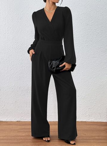 Pink Queen 2025 Plestuitits for Women Long Long Sleeve v Neck Wide Leg Pants Romper Disuits in Saudi Arabia