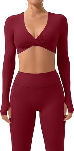 SUUKSESS Women 2 Piece Workout Sets Long Sleeve Twist Deep V Crop Padded Tops Yoga Leggings with Side Pockets in Saudi Arabia