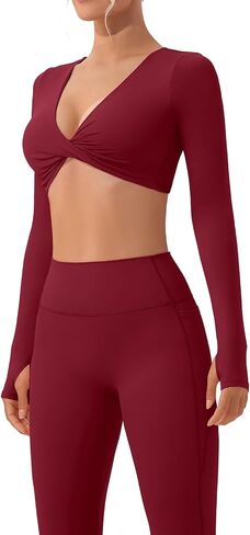 SUUKSESS Women 2 Piece Workout Sets Long Sleeve Twist Deep V Crop Padded Tops Yoga Leggings with Side Pockets in Saudi Arabia