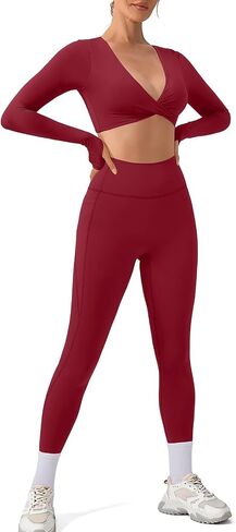 SUUKSESS Women 2 Piece Workout Sets Long Sleeve Twist Deep V Crop Padded Tops Yoga Leggings with Side Pockets in Saudi Arabia