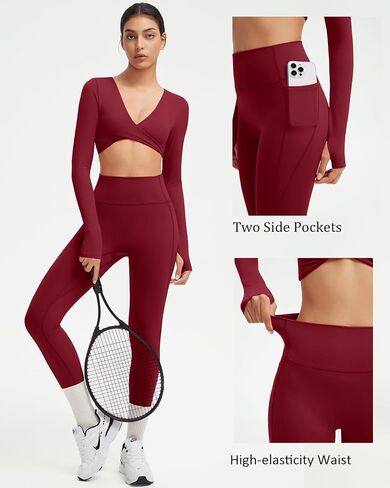 SUUKSESS Women 2 Piece Workout Sets Long Sleeve Twist Deep V Crop Padded Tops Yoga Leggings with Side Pockets in Saudi Arabia