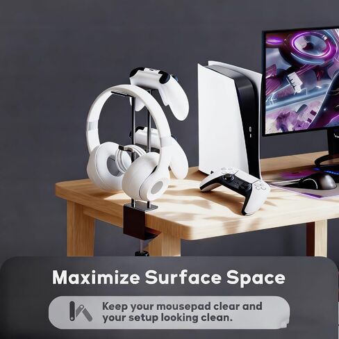 Headphone Stand with Controller Holder, Aluminum Under Desk Clamp Headset and Controller Stand - 2 in 1 Headphone Hanger for Desktop PC Gaming Accessories Organizer with PS5 Xbox Series S in Saudi Arabia