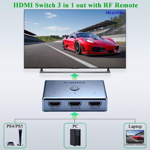 محول HDMI 3 في 1 مخرج، 4K@60 هرتز HDMI 2.0 Switch Splitter مع 433 جهاز تحكم عن بعد، محدد محول HDMI 3 منافذ، يدعم 4K 30 هرتز 1080P، متوافق مع Switch PS5/4 Xbox Roku TV in Saudi Arabia