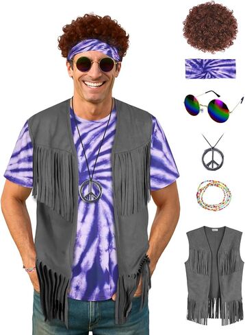 Hippie Costume for Men 60s 70s Outfits Accessories Tie Dye Shirt Set Fringe Carnival Vest Wig Tie Dye Headband for halloween in Saudi Arabia