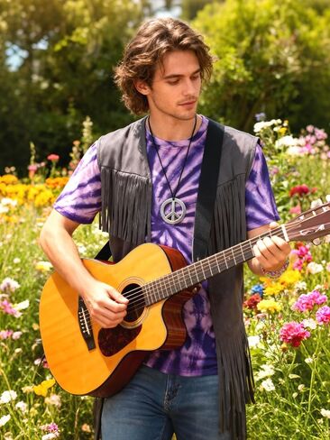 Hippie Costume for Men 60s 70s Outfits Accessories Tie Dye Shirt Set Fringe Carnival Vest Wig Tie Dye Headband for halloween in Saudi Arabia