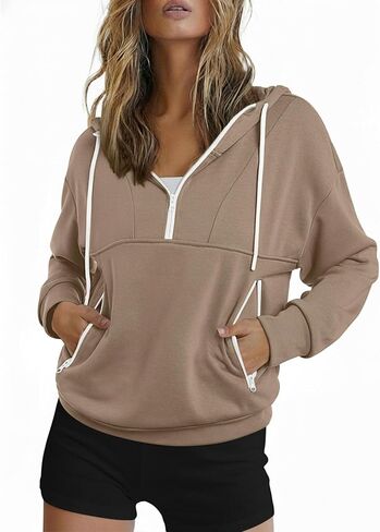 هوديز نسائية Zaful Half zip Up 2025 Fall Fashion Sweatshirts مع جيوب على النقيض من ملابس السحب in Saudi Arabia