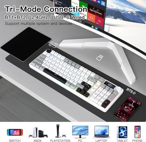 Wireless Gaming Keyboard with Smart Display & Knob Control, Tri-Mode BT5.0/2.4GHz/Type C RGB Backlit Computer Keyboards with Number Pad, 26-Key Rollover, Compatible for Windows, Mac in Saudi Arabia