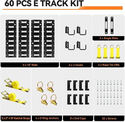 elechomes e track tie-down kit ： 88 pcs set etrack kit 6 rails ، 2 straps straps ، 6 soffs rope tie ، 6 o r ring anchors ، 6 j-hooks ، اثنين in Kuwait
