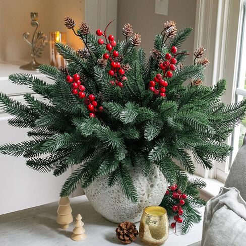 Ivydale 17Pcs Artificial Pine Branches Christmas Greenery Stems Plants Pine Needles with Pinecones for DIY Home Garden Decoration Winter Decor (Pine Branch+Pinecone&Berries) in Saudi Arabia