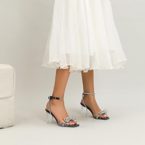Amoji Women Clear Heels 3 In Chunky Sparkly Rhinestone Bow Lady Strappy Heeled Sandals 337 Silver 11 women in Saudi Arabia