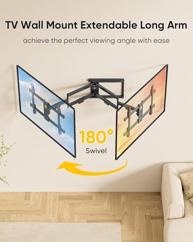حامل تثبيت على الحائط على شكل ذراع تلفاز بطول بطول 32 بوصة إلى 75 بوصة - تصميم مسمار واحد سهل التركيب - 33 بوصة من التمديد السلس بالإضافة إلى الدوران والإمالة، 600 × 400 مم، يحمل 49.8 كجم. in Saudi Arabia